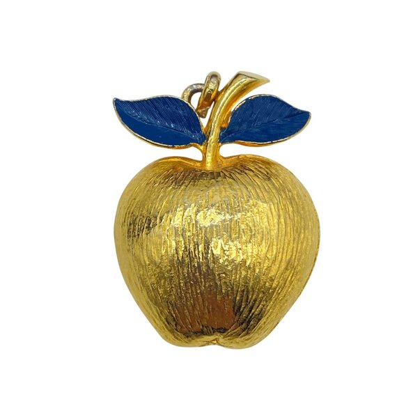 Pauline Rader Jewelry - Vtg Pauline Rader Signed Gold-Tone Apple Pendant Blue Enamel Leaves Statement